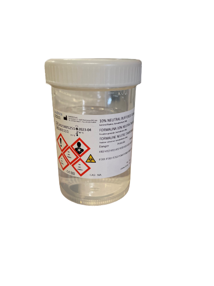 Pre-filled container with 10% neutral buffered formalin ready to use, with screw cap